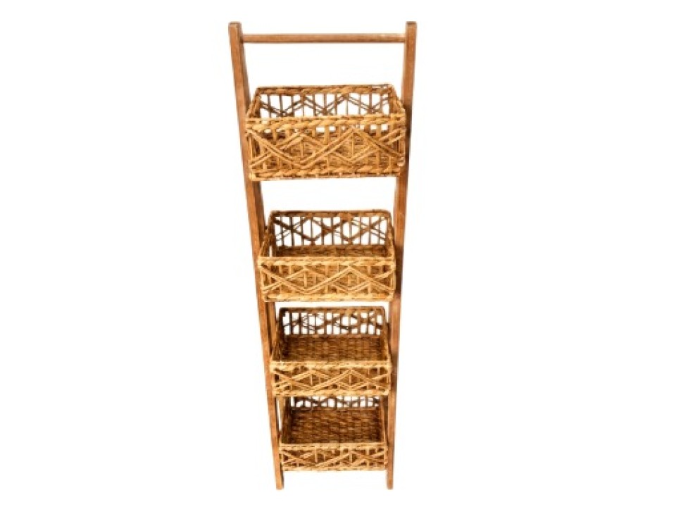 Top-tier 4-Tier Acacia Wood Frame Ladder Shelf with Water Hyacinth Baskets
